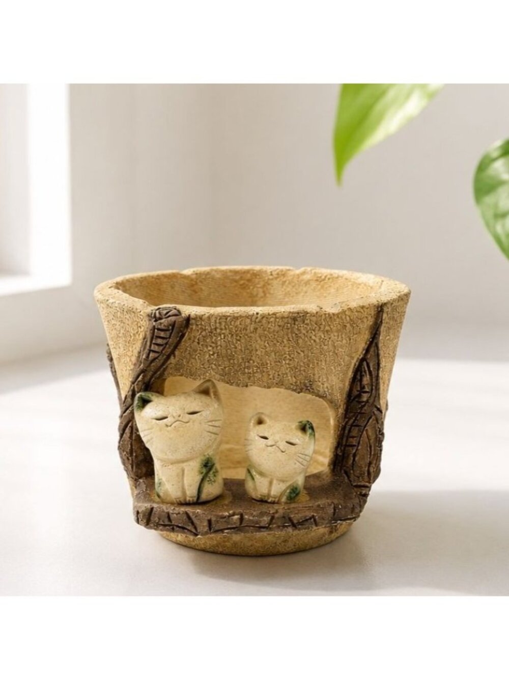 Handcrafted Rustic Cat-Themed Ceramic Planter With Drainage Holes 4"x4" Perfect